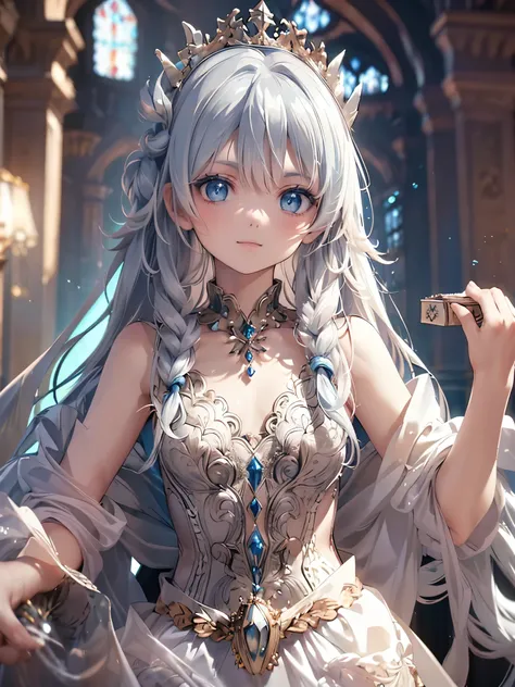 (masterpiece),(Highest Quality:1.2),( perfect anatomy),Delicate Details,(( 1 girl)),Long Silver Hair,(( flat chest)), Beautiful delicate blue eyes ,royal blue long dress,, I put a light blue shawl on my shoulder,Blue Footprints,( white background ),Smile,...