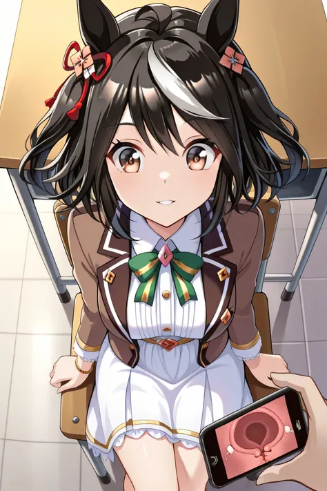 1girl,  ((  Kitasan Black )),((uniform姿のウマ娘)),Horse ears,x-ray cell phone, POV Hands, has a phone, smartphone,See bottom,Disconnect,Cross-sectional view,Uterus,stare at viewers in the mansion's bathroom, from above, Blake Brown Hair, Long Hair, The hair be...