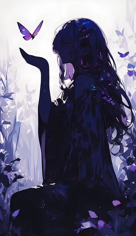 The image depicts a silhouette of a person with long hair, captured in a dramatic, high-contrast scene. The person is holding their hand up, and a butterfly is hovering near their palm, creating a sense of interaction between the human and the natural worl...