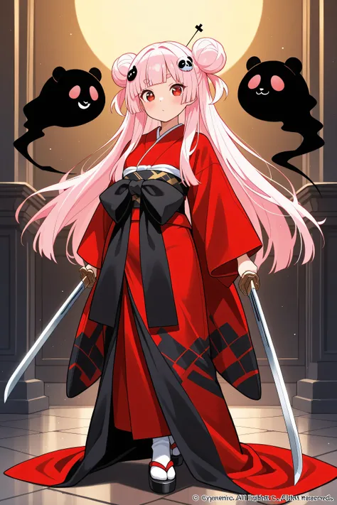 masterpiece, best quality, high resolution,4K, highly detailed, ultra detailed, ((detailed beautiful eyes)), full body, Alone, 1 girl, light pink hair, small double bun hair, half twin hair, long hair, hime cut, thin oval eyebrows, Red Eyes, ((bangs Panda ...