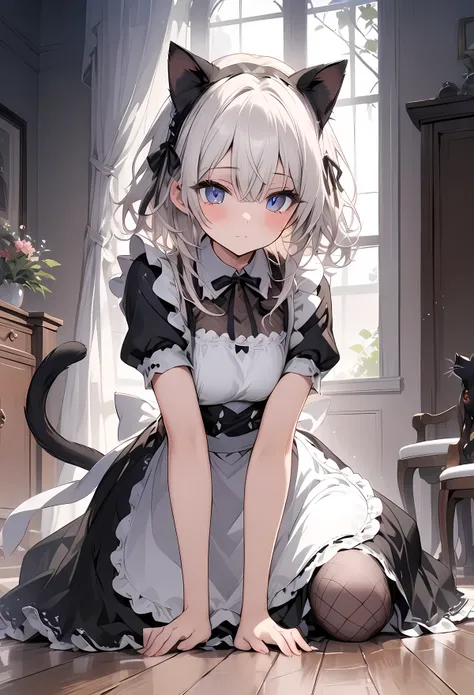 極めて繊細な描写, A young woman is crouching on a wooden floor, black and white maid costume, This costume, which resembles a cat's hand, features a black short sleeve dress with white lace trim on the hem and sleeves, is adorned with a white apron featuring lace ...