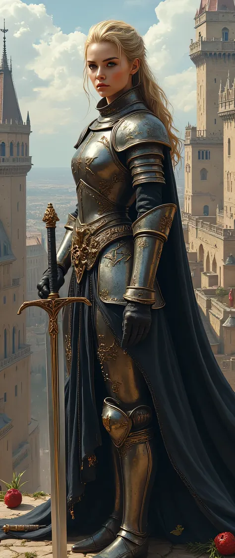 (8k、Highest quality、masterpiece:1.2)、(Highest quality:1.0)、(super high resolution:1.0)、 Model Shooting Style 、Vivid medieval Europe(high-definition CG unity 8k wallpaper)、full-body photos of the world's most beautiful works of art、 medieval armor、holding Swords、 facial details 、complex cityscape images、High detail、sharp concentration、Dramatic、Realistic painting art、super precise、young girl、staring at viewers、( slim、 fit))、