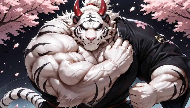 masterpiece, best quality, amazing quality, furry, male, anthro, solo, WhiteTiger, white skin, (mature male:1.5), (muscular:1.5),musclegut, (big muscle, veiny muscle:1.3), (detailed muscle:1.5), (best anatomy:1.2), perfect anatomy, blue eyes, detailed eyes...