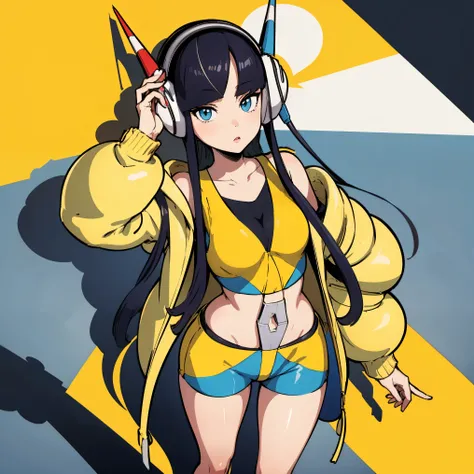  cover 、 雑誌の cover 、 masterpiece,  Highest Quality, bw2 elesa  ,   dark haired,  Type,  long side locks ,  hair ornament,   headphones ,  yellow jacket, Puffed jacket,  yellow crop tops,  YELLOW AND BLUE SHORTS,  standing in front of a girl, viewers,  Tabl...