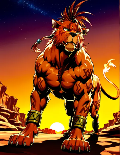 nanaki, red xiii, very muscular feral, feral, male, solo, cel shaded, dog, paws, ((muscular, pectorals, buff)), big body, simple background, low-angle shot, posing on boulders, sunset background, canyon, starry sky, powerful posture, strong posture, full b...