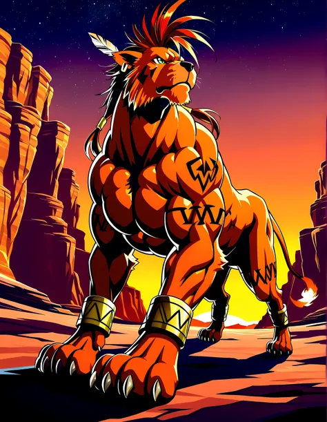 nanaki, red xiii, very muscular feral, feral, male, solo, dog, paws, ((muscular, pectorals, buff)), big body, simple background, low-angle shot, posing on boulders, sunset background, canyon, starry sky, powerful posture, strong posture, full body