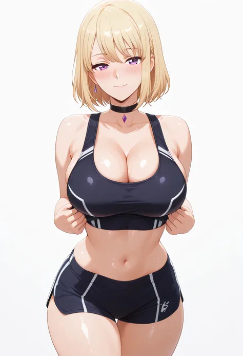 masterpiece, best quality, amazing quality, 1girl, solo, looking at viewer, blushing, white background, mature girl,side view, light smile, seductive, short hair, blonde hair, purple eyes, , ,bubble breasts, seductive twist, exaggerated voluptuous figure w...