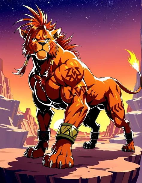 nanaki, red xiii, very muscular feral, feral, male, solo, dog, paws, ((muscular, pectorals, buff)), (big body), muscular forelegs, muscular hindlegs, simple background, posing on boulders, sunset background, canyon, starry sky, powerful posture, strong pos...