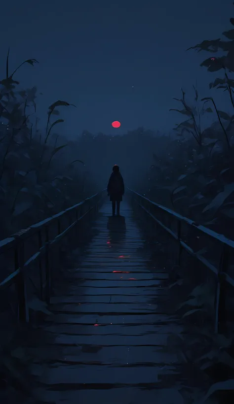 The image depicts a nighttime scene with a long, narrow wooden bridge extending into the darkness. The bridge is flanked by metal railings on both sides, and it is surrounded by tall grasses that appear to be swaying gently. The sky above is completely bla...