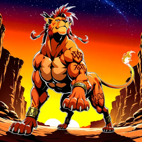 nanaki, red xiii, very muscular feral, feral, male, solo, dog, paws, cel shaded, ((muscular, pectorals, buff)), ((big body)), (muscular forelegs, muscular hindlegs), simple background, low-angle shot, posing on boulders, sunset background, canyon, starry s...
