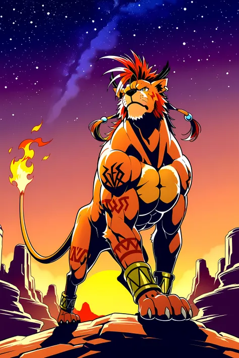 nanaki, red xiii, very muscular feral, feral, male, solo, dog, paws, cel shaded, (((muscular, pectorals, buff))), ((big body)), (muscular forelegs, muscular hindlegs), simple background, low-angle shot, posing on boulders, sunset background, canyon, starry...