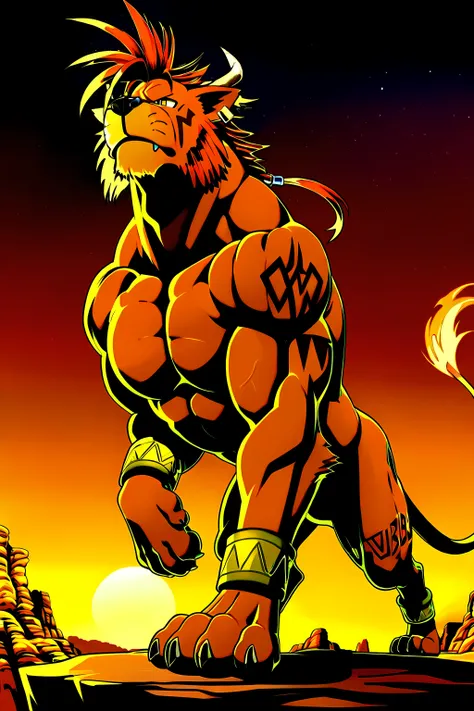 nanaki, red xiii, very muscular feral, feral, male, solo, dog, paws, cel shaded, (((muscular, pectorals, buff))), ((big body)), (muscular forelegs, muscular hindlegs), simple background, low-angle shot, posing on boulders, sunset background, canyon, starry...