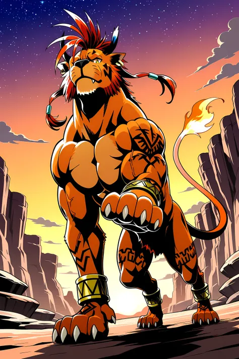nanaki, red xiii, very muscular feral, feral, male, solo, dog, paws, cel shaded, (((muscular, pectorals, buff))), ((big body)), (muscular forelegs, muscular hindlegs), simple background, low-angle shot, posing on boulders, sunset background, canyon, starry...