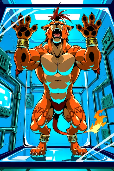nanaki, red xiii, (very muscular feral), (feral), male, solo, dog, paws, cel shaded, (muscular, pectorals, buff), (big body), (muscular forelegs, muscular hindlegs, muscular legs), simple background, low-angle shot, posing, indoors, (inside a glass tube, i...