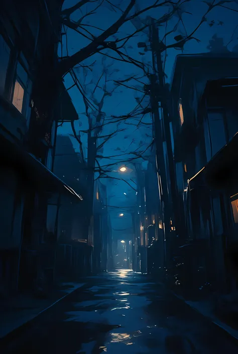The image depicts a nighttime scene with a narrow, wet street flanked by tall, leafless trees. The street is illuminated by a single street lamp, casting a faint glow that reflects off the wet pavement, creating a slightly eerie atmosphere. The surrounding...