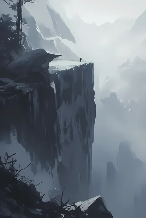 The image depicts a solitary figure standing on the edge of a steep cliff, enveloped in dense fog. The cliff is sharply vertical, with a narrow pass running down its length. The figure appears small in comparison to the vastness of the cliff and the surrou...