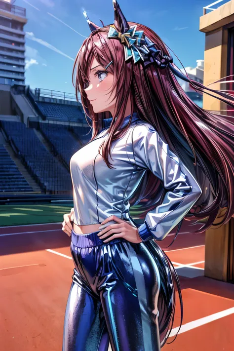1girl, mejiro dober \(umamusume\), 

((Elegant expressions:1.2), (soft expression:1.2), Smile Yan),
break 

((jogging suits : (blue and white) + (shiny) + (long sleeve) + (long pants)):1.3), (red sneakers:1.2), (red hair band), 
break 

(background: (Athle...
