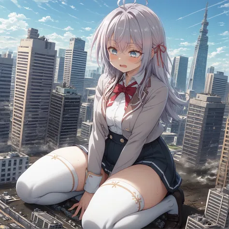 Cheerful Genmiya、Female Giant(1 million kilometers long)、 、press your chest against the city、Destruction、Destruction、Erotic expressions、expose your chest、  Valley Emphasis、徹底的に街をDestruction、The building collapsed 、masterpiece、Highest Quality、uncensored、(((...