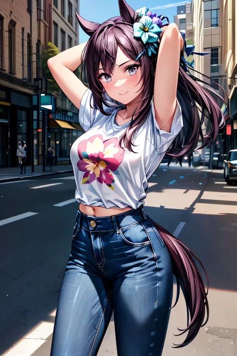 1girl, mejiro dober \(umamusume\), 

(( surprised expression:1.2), (smile, happy)),
break 

((black t-shirt : (Floral) + (Tight Fit)):1.3), ((denim skinny pants:1.2)),  
#((Sheer Black Pantyhose)), 
(shiny black high heels), 
break 

((downtown:1.2), (Dayt...