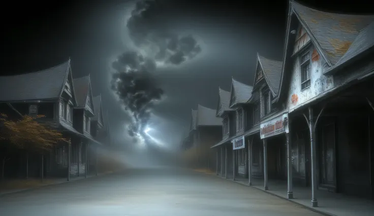 Nightmare, an abandoned town in the style of Silent Hill, darkness, fog, no light, spooky, lifeless, abandonment, liminal street background, dark surrealism, high detail, masterpiece.