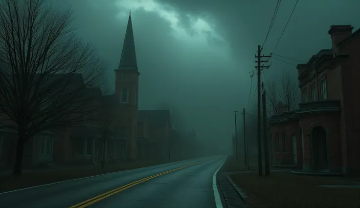 Nightmare, an abandoned town in the style of Silent Hill, darkness, fog, no light, spooky, lifeless, abandonment, liminal street background, dark surrealism, high detail, masterpiece.