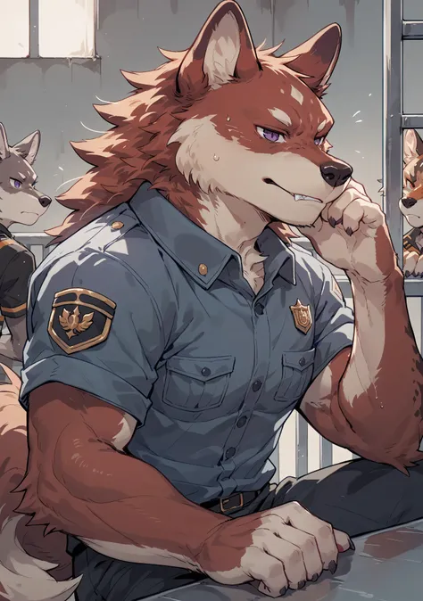 Feel, kemono ,breakpoint _9_Up,Fraction_8_Up,Fraction_7_Up,Fraction_6_Up,Fraction_5_Up,Fraction_4_Up,, Wolf, (eyes with purple pUpils), Wearing a prison guard uniform,muscles,'s only,Wolf tail,3 moles near the eyes,watching the audience,red fur, prison 