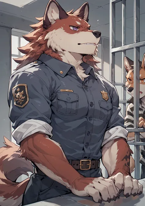 Feel, kemono ,breakpoint _9_Up,Fraction_8_Up,Fraction_7_Up,Fraction_6_Up,Fraction_5_Up,Fraction_4_Up,, Wolf, (eyes with purple pUpils), Wearing a prison guard uniform,muscles,'s only,Wolf tail,3 moles near the eyes,watching the audience,red fur, prison 