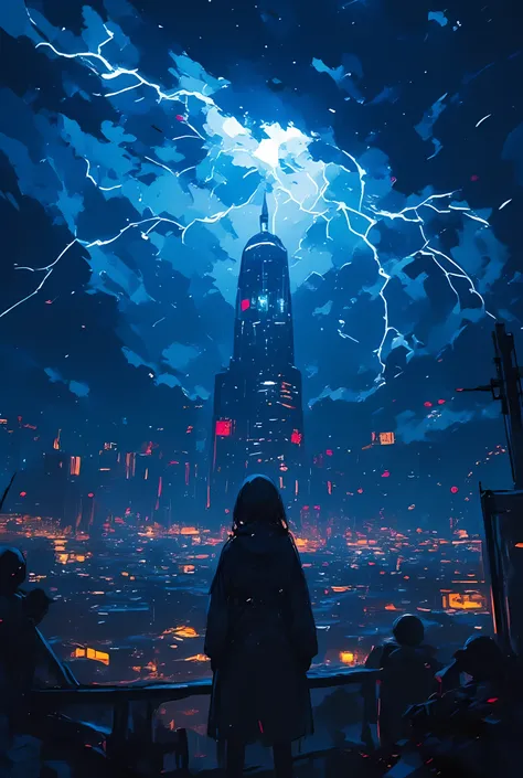 The image depicts a dramatic nighttime scene with a dark, stormy sky filled with heavy clouds. Lightning bolts are striking down from the clouds, illuminating the surrounding area. Below, a cityscape is visible, with numerous buildings and lights dotting t...