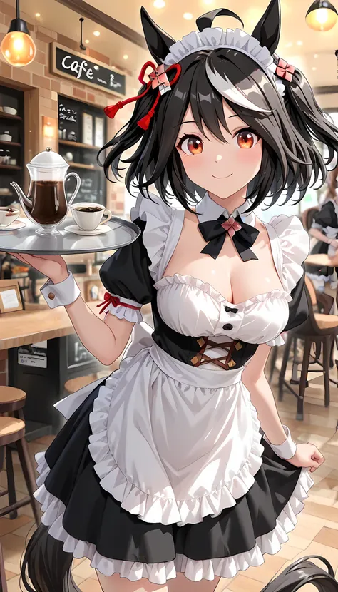 ((Highest Quality, masterpiece, high resolution)), kitasan black with bokeh\(umamusume\), Maid, ((Maid服)), Maid喫茶, cafe, (Horse Tail), Smile, Smile Yan, is standing, cleavage, Holding a tray
