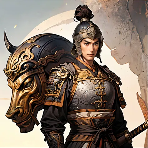 Highest Quality、masterpiece、4K、 oil painting portrait 、古代中国の鎧兜を纏ったfierce将、20 year old single man、 accurately drawn eye 、black eyes、dark haired、Square Outline、((険Seems表情、fierce々Seems:1.2、 stares at the opponent、Open Her Mouth Wide:1.2、Unshaved chin))、Glutin...