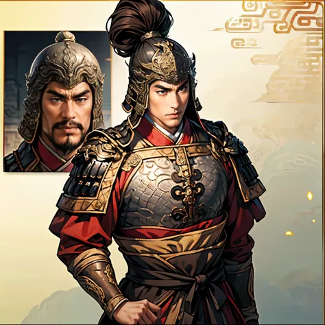 Highest Quality、masterpiece、4K、 oil painting portrait 、古代中国の鎧兜を纏ったfierce将、20 year old single man、 accurately drawn eye 、black eyes、dark haired、Square Outline、((険Seems表情、fierce々Seems:1.2、 stares at the opponent、Open Her Mouth Wide:1.2、Unshaved chin))、Glutin...
