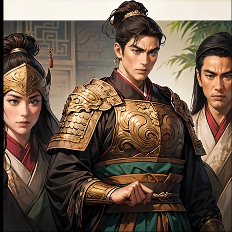 Highest Quality、masterpiece、4K、 oil painting portrait 、ancient chinese armor兜を纏ったfierce将、20 year old single man、 accurately drawn eye 、black eyes、dark haired、Square Outline、((険Seems表情、fierce々Seems:1.2、 stares at the opponent、Open Her Mouth Wide:1.3、Unshave...