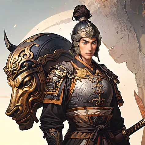 Highest Quality、masterpiece、4K、 oil painting portrait 、古代中国の鎧兜を纏ったfierce将、20 year old single man、 accurately drawn eye 、black eyes、dark haired、Square Outline、((険Seems表情、fierce々Seems:1.2、 stares at the opponent、Open Her Mouth Wide:1.2、Unshaved chin))、Glutin...