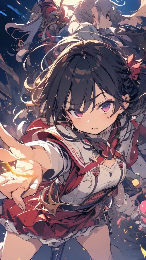 ( very detailed CG Unity 8k 壁紙),(masterpiece), (Highest Quality), ( very detailed), ( best illustration ),( best shadows )　magical girl, fighting a demon, casting a spell, staff, dazzling light, battle scene