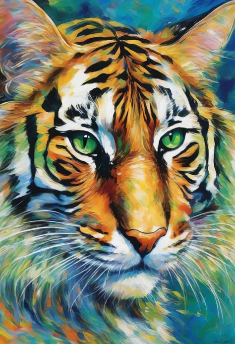 背景teeth青と緑のブラシストロークの渦巻き模様です. 猫teeth、using bold colors and thick brush strokes, expressive eyes that captivate the viewer . 構図teeth主に猫の顔に焦点を当てています, ; the dramatic effect is enhanced. an impressive portrait of a tiger cat with unique artistry flair、The co...