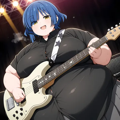 solo, 1girl, single character,looking at viewer,Ryo Yamada ,Bocchi the Rock! , shirt,mole,short hair,hair ornament,mole under eyes,black shirt,bangs,collared shirt,, stage, holding instrument, guitar, smile, sweat,masterpiece, best quality, highres fat, ch...