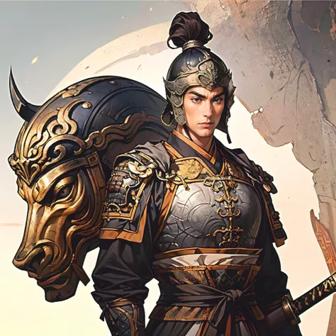 Highest Quality、masterpiece、4K、 oil painting portrait 、古代中国の鎧兜を纏ったfierce将、20 year old single man、 accurately drawn eye 、black eyes、dark haired、Square Outline、((険Seems表情、fierce々Seems:1.2、 stares at the opponent、Open Her Mouth Wide:1.2、Unshaved chin))、Glutin...