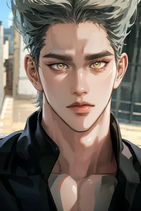 Realistic,Photorealistic,HDR,UHD,studio lighting,Ultra Detailed Description,Professional ,vivid color,Garou,One Punch Man,Yellow eyes,gray hair,18 years old,guy,177cm,Black Chewy Polar That Reveals Your Body,White Dojo Pants,Dojo Straps,Full Body High Defi...