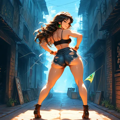 Create an extremely realistic and detailed image of a Brazilian girl with a normal body, thick legs, captured mid-movement while dancing funk, with her back slightly turned to the viewer, wearing stylish, very short and torn denim shorts, in the characteri...
