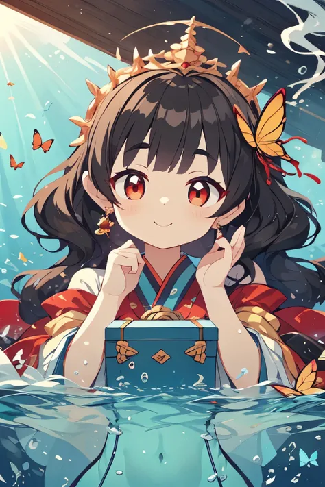 28 years old、Japanese woman、Standard body type、dark haired、long hair、wavy perm、Fluffy Hair、Long face、Dark eyebrows、cheeks are slightly red、Rounded chin 、Hand structure based on perfect anatomy、（holding a small box here with a smile 1：1.ingle butterfly with...
