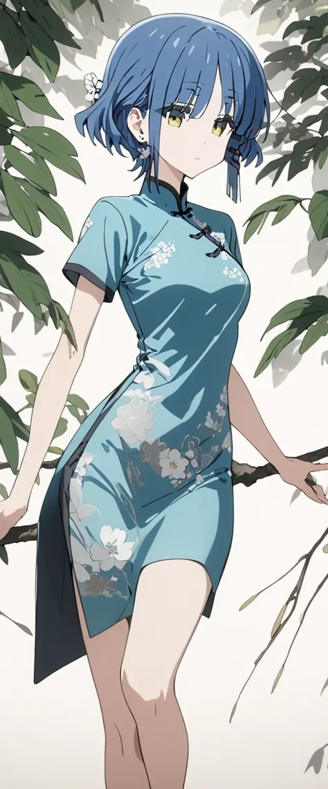 HD image quality、Masterpiece、 8,000、The front photo，Wearing an aqua-blue cheongsam(Silk short cheongsam with colored and silver embroidered flowers ) Rock，Ryo Yamada， blue hair， flower hair accessories，beautiful girl,Huge leaves with perfect anatomical str...
