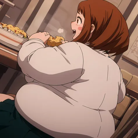anime coloring, anime screencap, masterpiece
1girl, solo, chako uraraka, brown eyes, brown hair, short hair, blush, blush stickers, smiling, u.a school uniform,
indoors, restaurant, eating food, in front of tones of food, chair, sitting, happy, embarrassed...