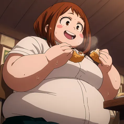 anime coloring, anime screencap, masterpiece
1girl, solo, chako uraraka, brown eyes, brown hair, short hair, blush, blush stickers, smiling, u.a school uniform,
indoors, restaurant, eating food, in front of tones of food, chair, sitting, happy, embarrassed...