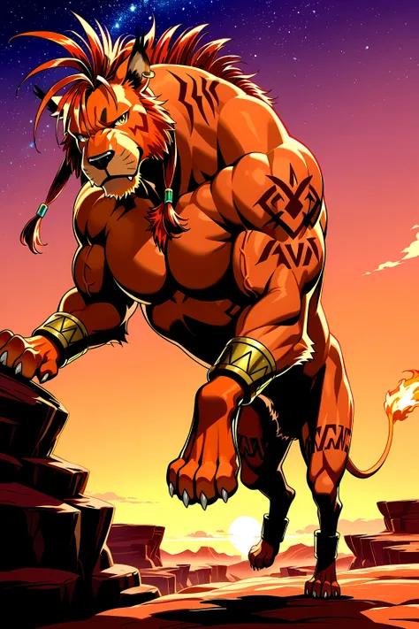 nanaki, red xiii, ((very muscular feral)), (feral), male, solo, dog, paws, cel shaded, ((muscular, pectorals, buff)), (big body), (muscular forelegs, muscular hindlegs, muscular legs), simple background, low-angle shot, posing on boulders, sunset backgroun...