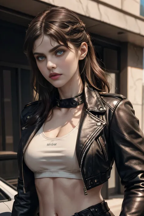 An ultra-realistic CG illustration of alexandra daddario with a piercing gaze and bold makeup. She's wearing a leather jacket with a crop top, and her long hair is styled in a sleek updo.