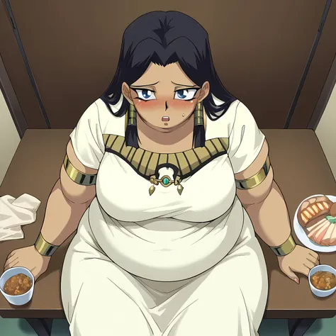 score_9, score_8_up, score_7_up, source_anime,
ishuzuishtar, ishuzu ishtar, blue eyes, dark skin, dark-skinned female, black hair,
dress, jewelry, armlet,
indoors, , bed room,blush, drunk, eating food, in front of tones of food, table, sofa, blush, embarra...