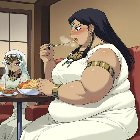 score_9, score_8_up, score_7_up, source_anime,
ishuzuishtar, ishuzu ishtar, blue eyes, dark skin, dark-skinned female, black hair,
dress, jewelry, armlet,
indoors, , restaurant ,blush, drunk, eating food, in front of tones of food, table, sofa, blush, emba...