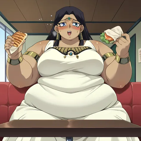 score_9, score_8_up, score_7_up, source_anime,
 1 girl, ishuzuishtar, ishuzu ishtar, blue eyes, dark skin, dark-skinned female, black hair,
dress, jewelry, armlet,
indoors, , restaurant ,blush, drunk, eating food, in front of tones of food, table, sofa, bl...