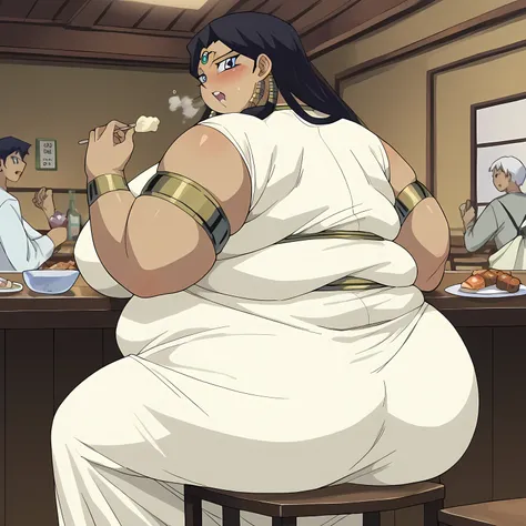 score_9, score_8_up, score_7_up, source_anime,
 1 girl, ishuzuishtar, ishuzu ishtar, blue eyes, dark skin, dark-skinned female, black hair,
dress, jewelry, armlet,
indoors, , restaurant ,blush, drunk, eating food, in front of tones of food, table, sofa, bl...