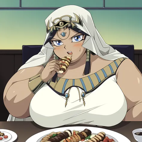 masterpiece,best quality,{{detailed beautiful face and eyes}}, very detailed background, 1 girl, solo,
Ishizu Ishtar,dark skin,long hair,black hair,egyptian,parted bangs,blue eyes,medium breasts,
1girl,(is embarrassing,big blush, Egyptian dress, eating foo...